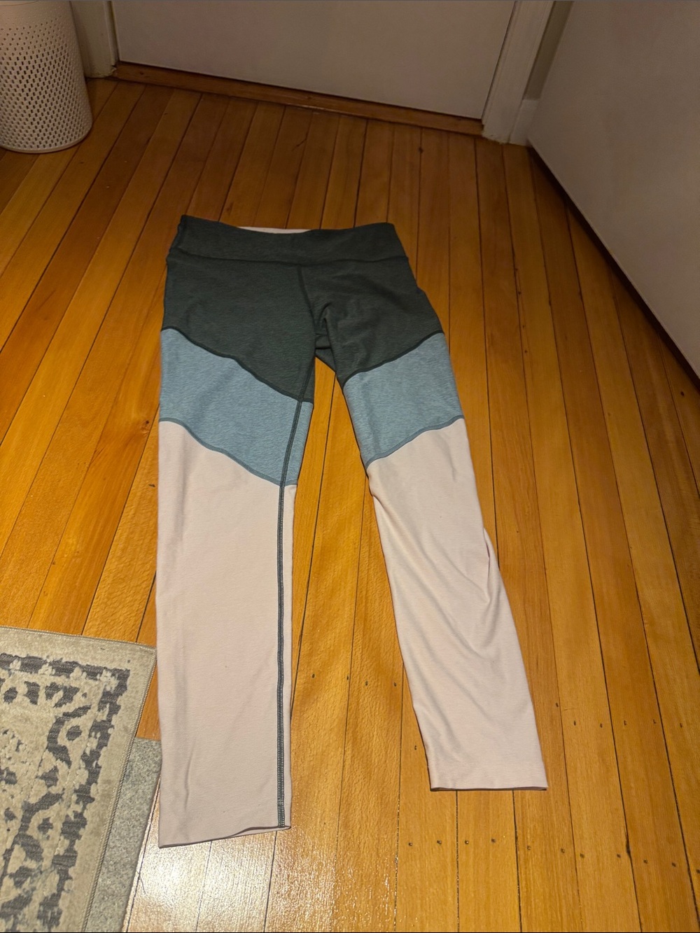 Outdoor Voices Colorblock Leggings in Dark Green, Light Blue, and Light Pink